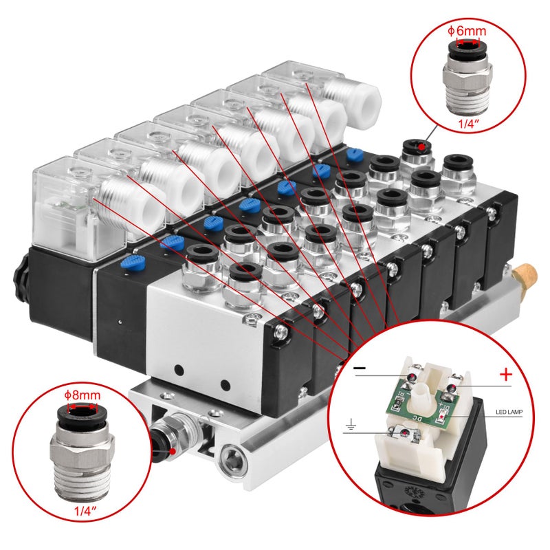 Heschen Electrical Pneumatic 6 Solenoid Valve, 4V210-08, DC24V Coil, PT1/4'' Port, 5 Way 2 Position, Manifold Base, Muffler, Quick Fittings Set - Image 5